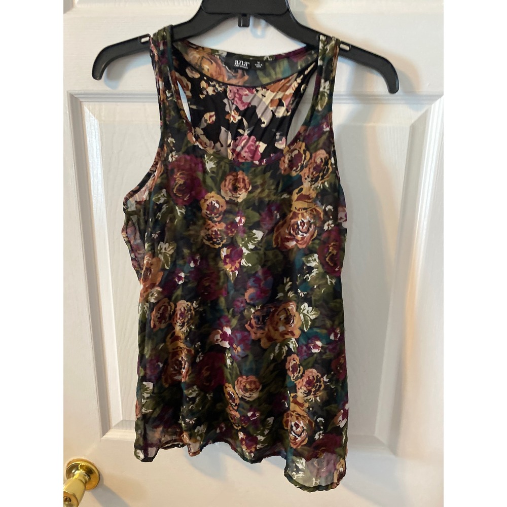 ana A New Approach Floral Racerback Tank Top Sheer Chiffon Sleeveless Blouse M